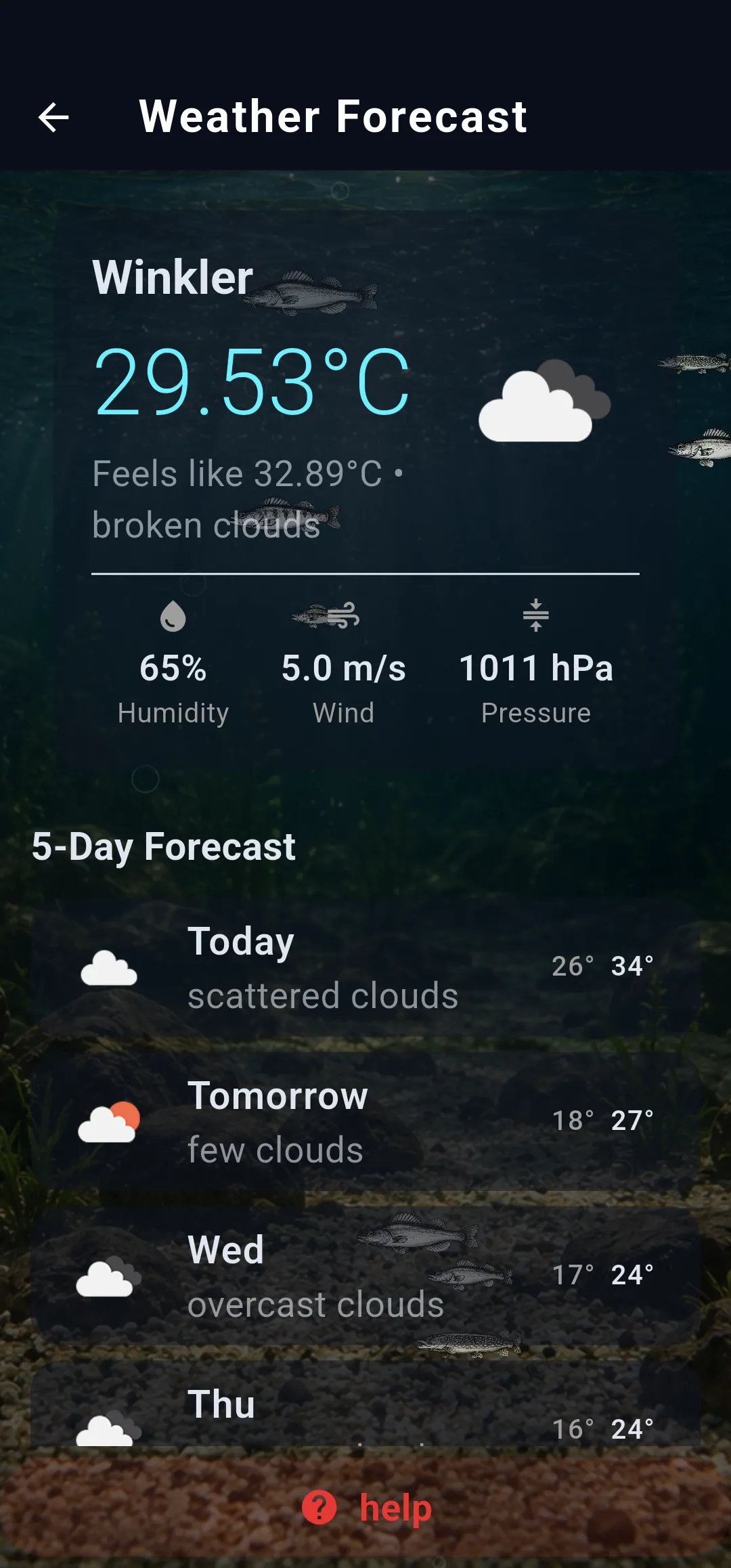 CatchTales weather and solunar screen